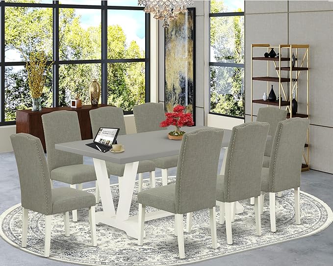 East West Furniture V097EN206-9 9 Piece Dining Room Set Includes a Rectangle Kitchen Table with V-Legs and 8 Dark Shitake Linen Fabric Upholstered Parson Chairs, 40x72 Inch, Multi-Color