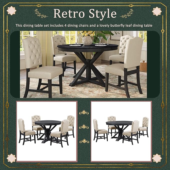SogesPower 5-Piece Retro Dining Table Set, Round Farmhouse Kitchen Table Set for 4, Space-Saving Kitchen Table Set with Extendable Table and 4 Upholstered Chairs for Dining Room Living Room,Espresso