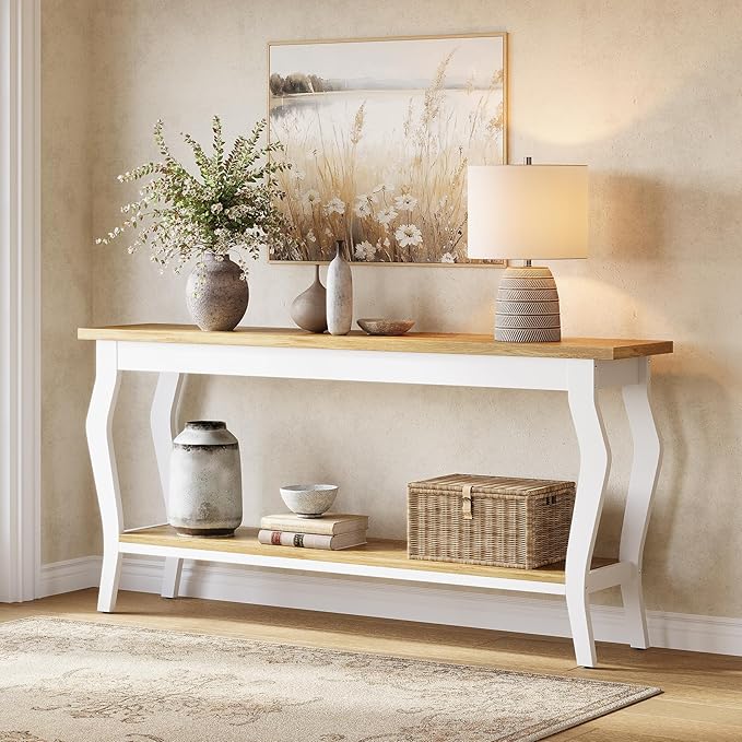 LITTLE TREE 70.9 Inches Long Console Table, 2-Tier Vintage Wooden Sofa Table Behind The Couch with Metal Legs for Hallway, Entryway, Living Room, White & Light Oak