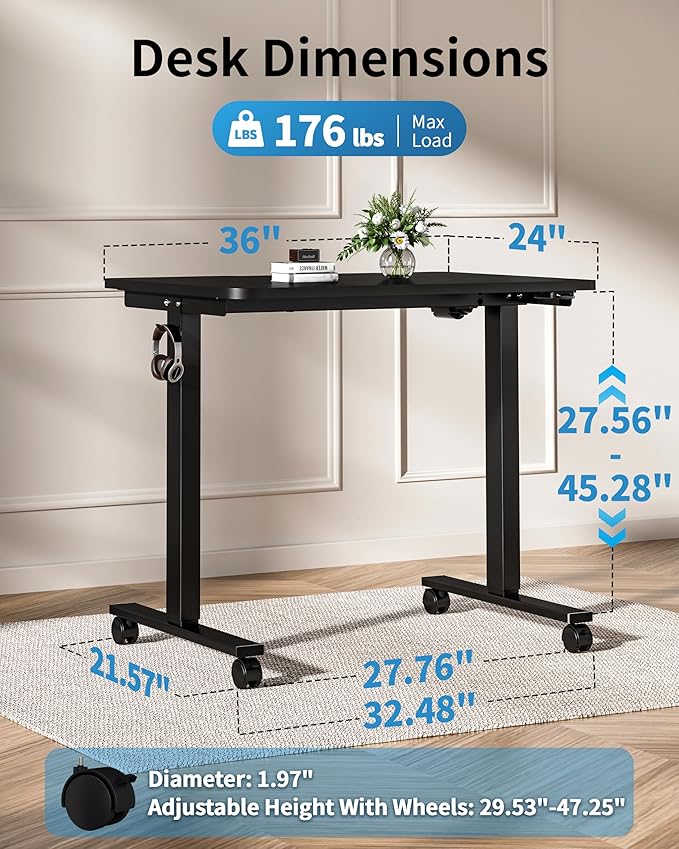 Okin Small Electric Standing Desk, 36" x 24" Whole Piece Height Adjustable Desk, Black Sit to Stand Desks Computer Workstation with Wheels for Home Office