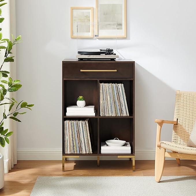 Crosley Furniture Juno Cube Bookcase and Record Player Stand with Storage for Vinyl Records, Dark Brown