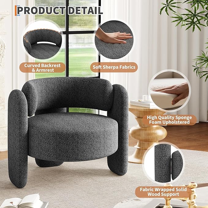 Modern Chenille Accent Armchair， Mid-Century Upholstery, Round Corners for Living Room, Bedroom, Office, or Cafe，Grey