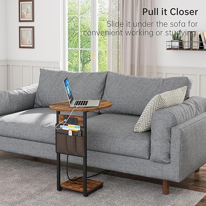Vagusicc C Shaped End Table with Charging Station, Small Side Table for Couch, TV Tray Table Slide Under Sofa Table for Living Room Bedroom, Round Couch Side Table C Table for Sofa, Rustic Brown