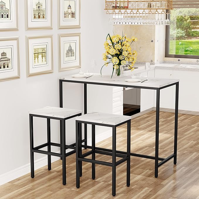 Aklaus Bar Table Set,44" White Faux Marble Top Bar Table and Chairs Set,Counter Height Bar Table with 2 Bar Stools,3 Piece Kitchen Breakfast Table for Living Room Dining Room Apartment