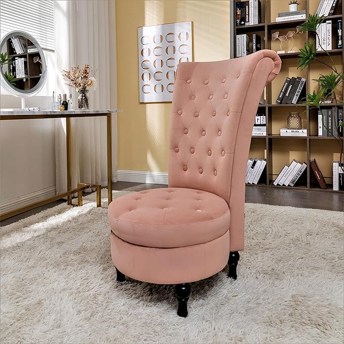 Container Furniture Direct Royal High-Back Velvet Accent Chair for Vanity with Storage and Luxurious Upholstery, Retro Design and Versatile Usage for Living Room, Bedroom, Lounge and Office, Rose