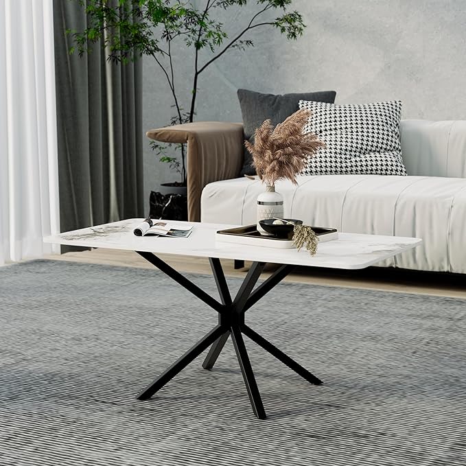 White Marble Coffee Table Modern Rectangular 40 Inch Living Room Table with Black Metal Legs Simple Stylish Center Table for Living Room Office