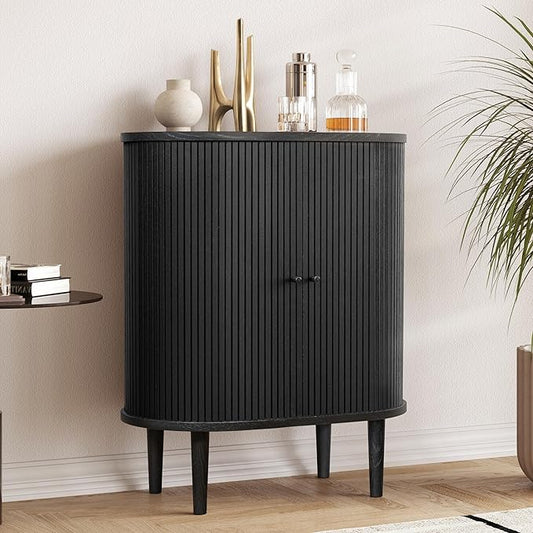 WERMO 28'' Black Bar Cabinet with Storage and Shelves - Coffee and Wine Bar Black Cabinet with Doors, Small Liquor Dining Room Sideboard, Narrow Living Room Credenza, Coffee Station (Black Oak)