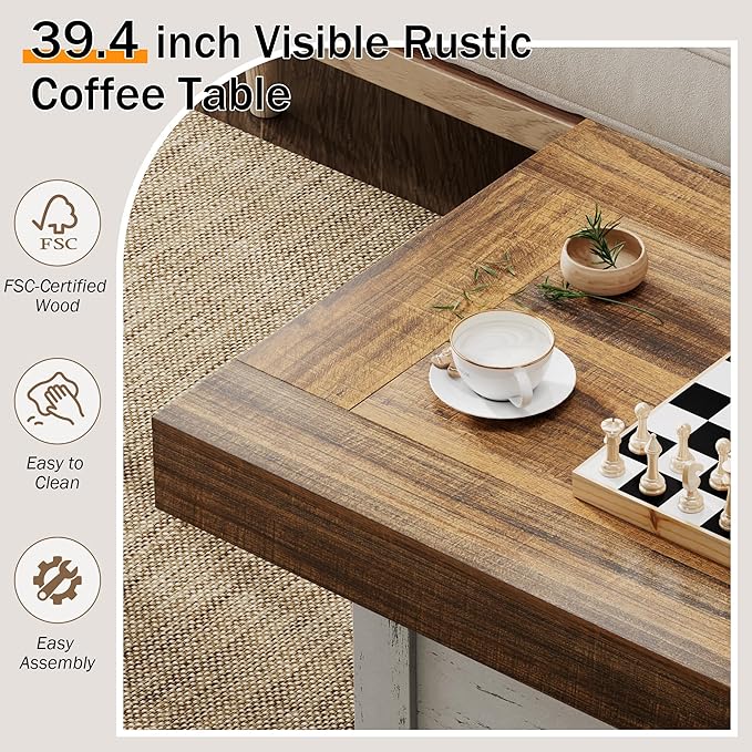 Coffee Table 39 in Farmhouse Center Table with X-Design Wooden Pedestal for Living Room, Space Saving, Easy Assembly Rectangle Home Office Tea Accent Table for Apartment, Antique White Walnut