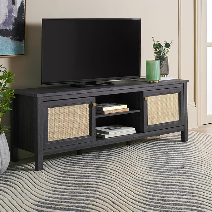 SAFAVIEH Evane TV Stand for up to 65" Flatscreen – Distressed Black & Natural, 2 Doors with Interior Storage, 2 Open Shelves, Entertainment Media Console (MED9629E)