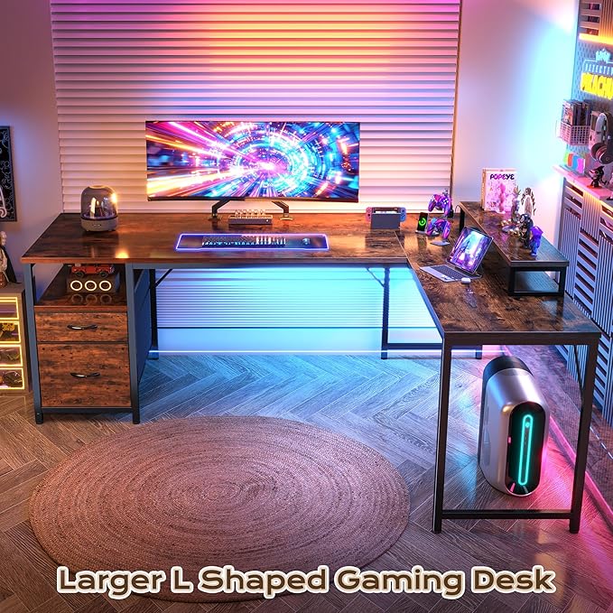 PRAISUN 63 Inch L Shaped Desk with Power Outlets and USB-C Port, Computer Corner Home Office Desk with File Fabric Drawers and Movable Monitor Stand, Larger Storage, Gaming, Writing, Rustic Brown
