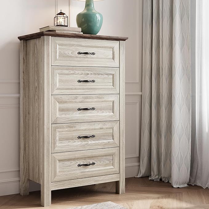 LINSY HOME Tall Dresser for Bedroom with 5 Drawers, 45" Tall Dressers & Chests of Drawers, Modern Farmhouse Large Vertical Dresser with Wood Legs for Bedroom, Closet, Living Room, Hallway, Beige