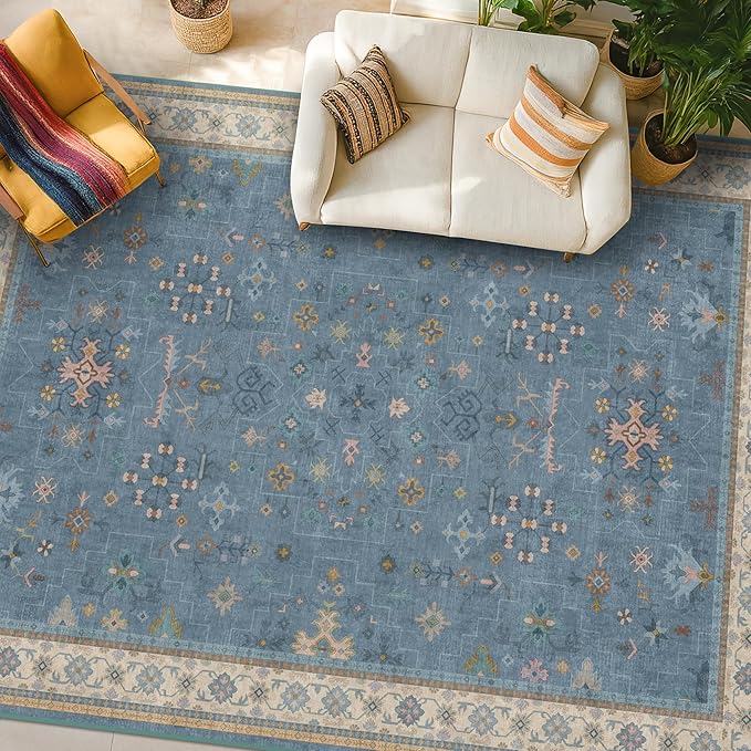 Blue Big Rugs for Living Room - Dusty Blue 10 x 14 Area Rug for Large Bedroom, Dining Room, Washable Lightweight Low Pile Foldable Eclectic Modern Floral Home Décor