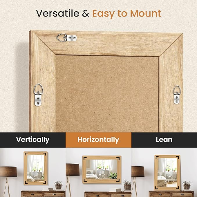Bathroom Mirror for Wall with Wooden Frame, 36"x24" Solid Wood Vanity Mirror for Farmhouse, Bathroom, Bedroom Decor, Vertical or Horizontal Hanging(Natural)