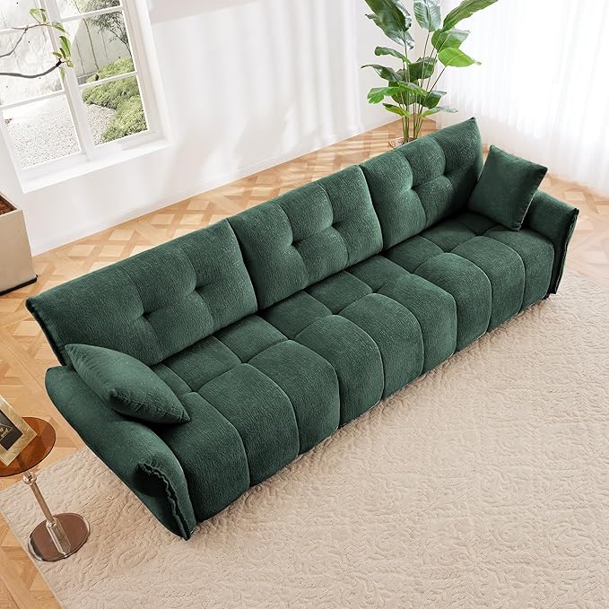 Modern Chenille Fabric 3-Seat Sofa w/ 2 Pillows, Premium Upholstery Living Room Couch with Tufted Backrest & Comfortable Armrests and High-Resilience Memory Foam Cushions,Green
