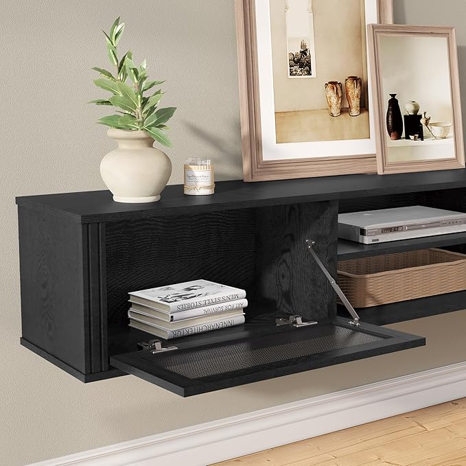 WAMPAT 70" Floating TV Stand with Power Outlet, 2-Tier Wood Media Console Entertainment Center with 2 Rattan Doors, Modern Wall Mounted TV Shelf Cabinet for Under TV, Living Room, Bedroom, Black