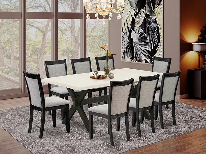 East West Furniture X627MZ606-9 9 Piece Modern Dining Table Set Includes a Rectangle Dining Room Table with X-Legs and 8 Shitake Linen Fabric Upholstered Chairs, 40x72 Inch, Multi-Color