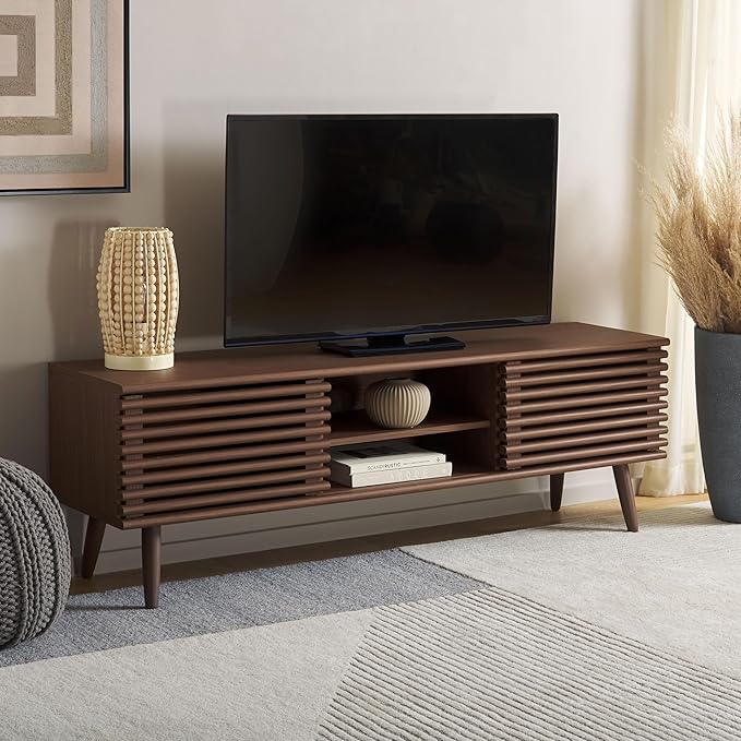 SAFAVIEH Averi TV Stand for up to 65" Flatscreen – Dark Walnut, 2 Sliding Doors with Interior Storage, 2 Open Shelves, Entertainment Media Console (MED9637A)