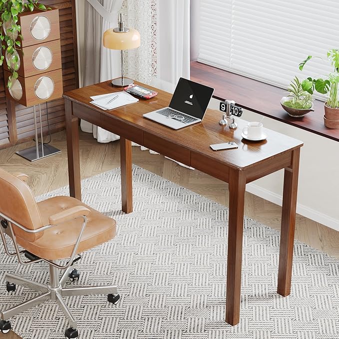 Solid Wood Desk with Drawers - 47 x 16 Inch Vintage Narrow Desks, Mid Century Modern Desks, Rubber Wood Study Table, Small Writing Desk for Bedroom|Small Spaces - Walnut Color