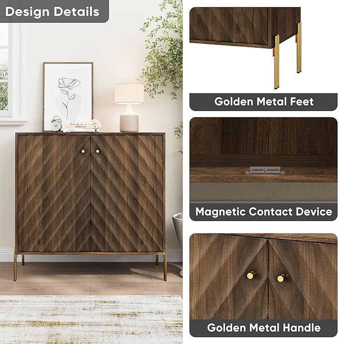 Smuxee Walnut Sideboard Cabinet, Freestanding Buffet Cabinet with Golden Metal Feet, Wood Storage Cabinet with Adjustable Shelf for Living Room, Entryway, Hallway