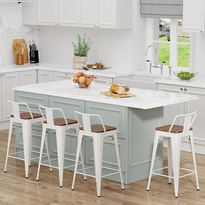Yongchuang 30 inch Bar Stools Set of 4 Bar Height Metal Barstools with Wood Seat Low Back Kitchen Bar Chairs Cream White