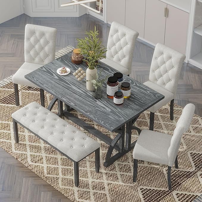 SogesPower 6-Piece Dining Table Set, Rectangular Farmhouse Kitchen Dining Table Set with 4 Upholstered Chairs & 1 Bench, Retro Kitchen Table Set for 4-6 for Dining Room Living Room, Gray Wash