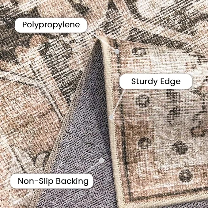 GENIMO 6x9 Area Rugs for Living Room, Machine Washable Non Slip Vintage Retro Rugs, Low Pile Lightweight Thin Print Rug for Bedroom, Dining Room, Home Office, Brownishi Drab