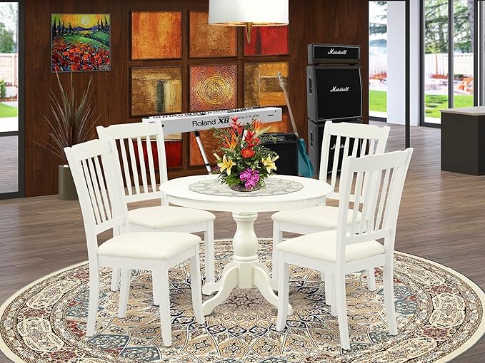 East West Furniture HBDA5-LWH-C 5 Piece Kitchen Table & Chairs Set Includes a Round Dining Room Table with Pedestal and 4 Linen Fabric Upholstered Chairs, 42x42 Inch, Linen White