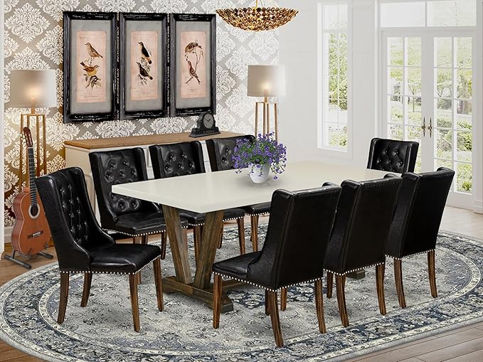 East West Furniture V727FO749-9 9 Piece Modern Dining Table Set Includes a Rectangle Wooden Table with V-Legs and 8 Black Faux Leather Upholstered Chairs, 40x72 Inch, Multi-Color