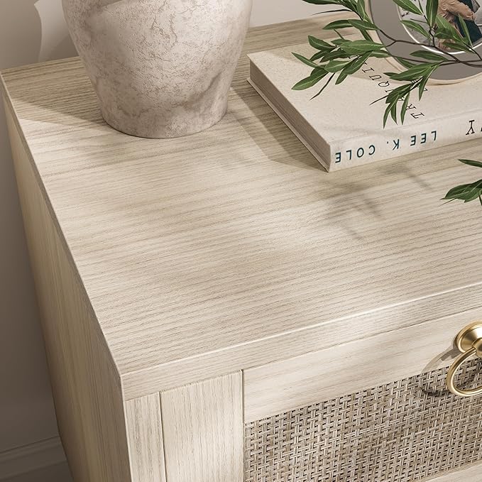 BOLUO Wooden Night Stand with 2 Drawer, Rattan Small Nightstand Boho Bedside Table for Cozy Bedroom