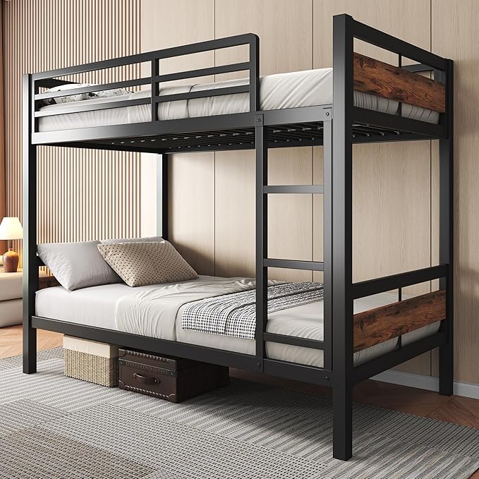 Feonase Metal Bunk Bed Twin Over Twin with Ladder and High Guardrail, Heavy-Duty Metal Slats Support, Noise Free, No Box Spring Needed, for Kids and Juniors, Vintage