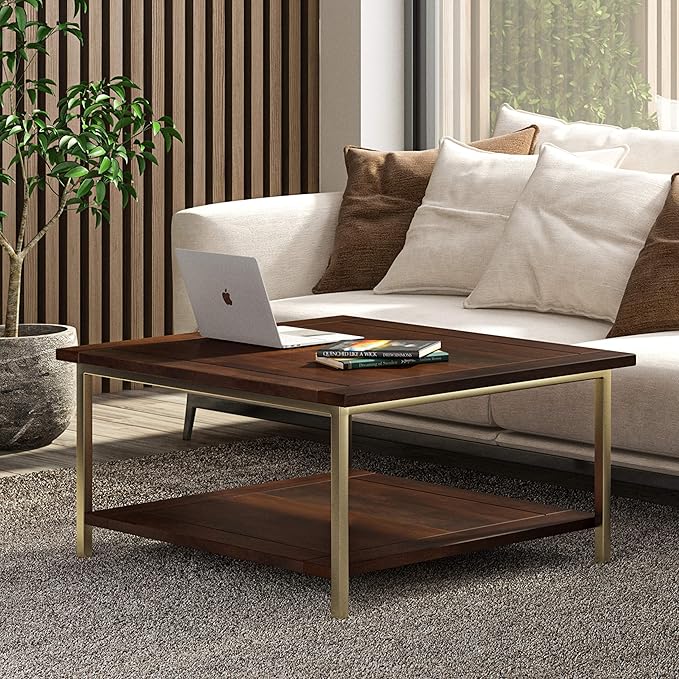 SIMPLIHOME Skyler SOLID MANGO WOOD and Metal 34 inch Wide Square Industrial Coffee Table in Dark Brown / Gold for the Living Room and Family Room