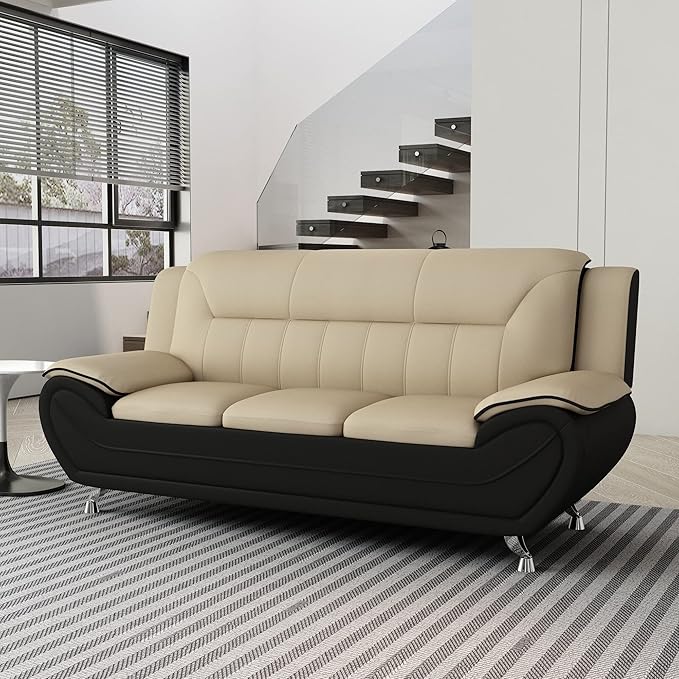Container Furniture Direct Michael Modern Faux Leather Upholstered Stainless Steel Legs Living Room Sofa, Loveseat, Black Camel