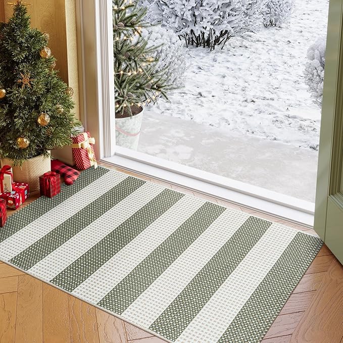 OJIA Fall Front Door Mat 24"x36" Halloween Doormat Striped Porch Rugs Checkered Rug Washable Entry Rug Woven Cotton Indoor Outdoor Rug Small Area Rug for Kitchen Entryway Patio (Green/White/Tan)