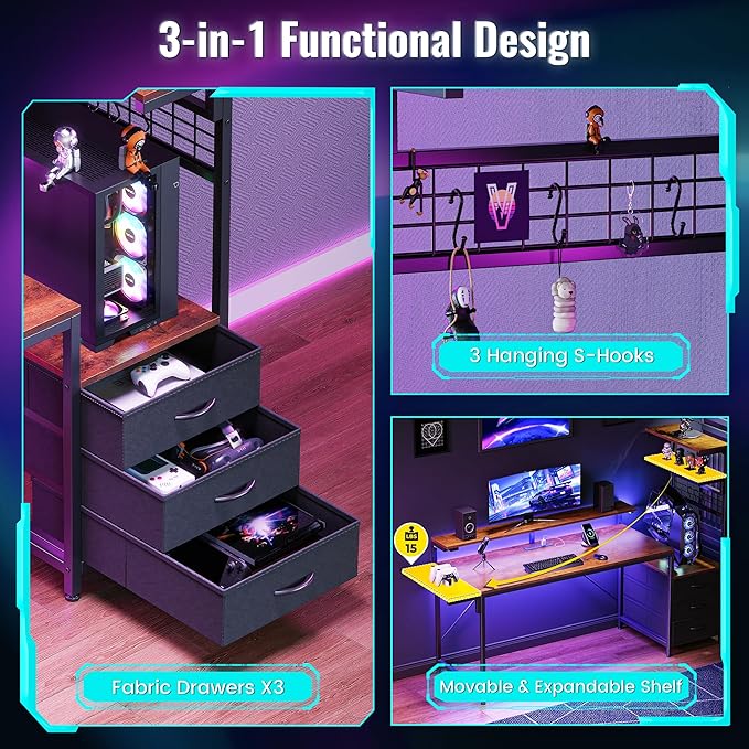 PRAISUN 61.7" Gaming Desk with LED Lights & Outlets, Computer Desk with 3 Fabric Drawers, PC Desk with PC Case Stand & Movable Storage Shelves, Monitor Stand, Reversible, Rustic Brown