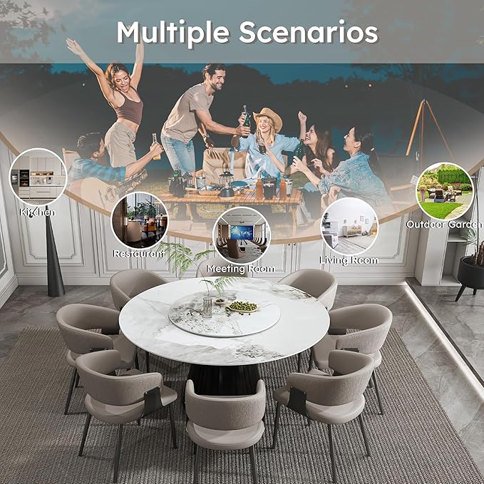 Ball & Cast 9-Piece Dining Set,Faux Marble Table with Detachable Rotating Tray & 8 PU Leather Chairs,Modern Kitchen Dining Room Table Set w/Stainless Steel Base,for Restaurant & Home,Grey