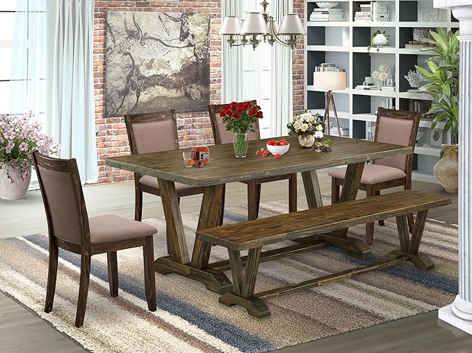 East West Furniture V777MZ748-6 6 Piece Dinette Set Contains a Rectangle Dining Room Table with V-Legs and 4 Coffee Linen Fabric Parson Chairs with a Bench, 40x72 Inch, Multi-Color
