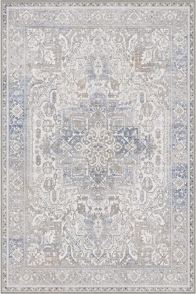 GENIMO 5x8 Area Rugs for Living Room, Machine Washable Low Pile Rugs, Chenille Non Alip Vintage Rug for Bedroom, Dining Room, Home Office, Khaki Blue