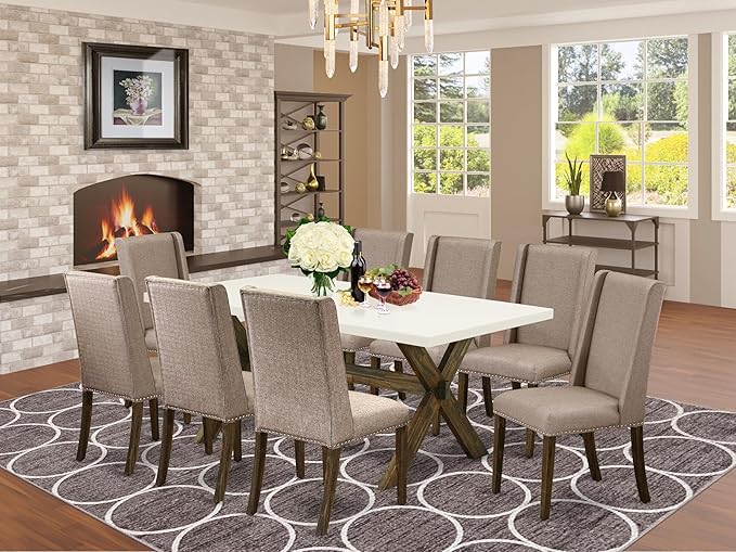 East West Furniture X727FL716-9 9 Piece Modern Dining Table Set Includes a Rectangle Wooden Table with X-Legs and 8 Dark Khaki Linen Fabric Parsons Dining Chairs, 40x72 Inch, Multi-Color