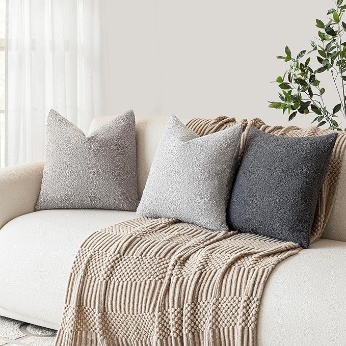 Foindtower Pack of 2 Textured Boucle Throw Pillow Covers Accent Solid Decorative Pillow Cases Cozy Woven Couch Cushion Case for Sofa Bedroom Living Room Home Decor, 18 x 18 Inch,Neutral Grey
