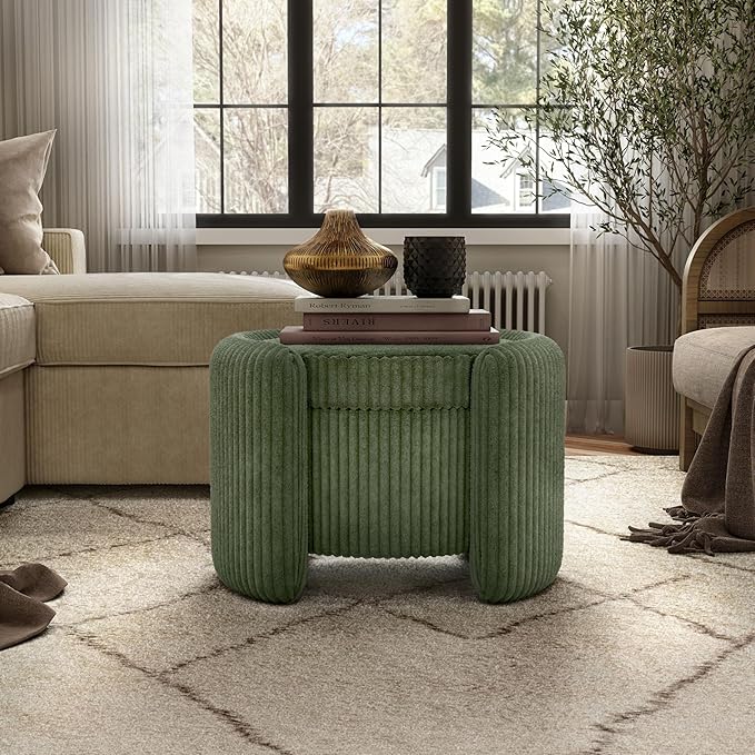 Furniture of America Lennox Modern Chenille 25-inch Round Storage Ottoman with Reversible Flip Top, Upholstered Footstool for Living Room, Bedroom, Entryway, Green
