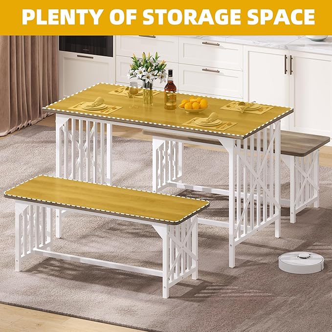 DWVO 3-Piece Kitchen Table with 2 Bench 47.2 Inch Dining Table Set for 4 People Bench Dining Table Set Industrial Rectangular Dining Room Table Set with Storage for Kitchen Dining Room Grey