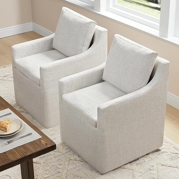 Upholstered Dining Chairs with Casters Easy Assembly Side Deskchair with Rollers for Diningroom, Living Room, Linen, 2 Box