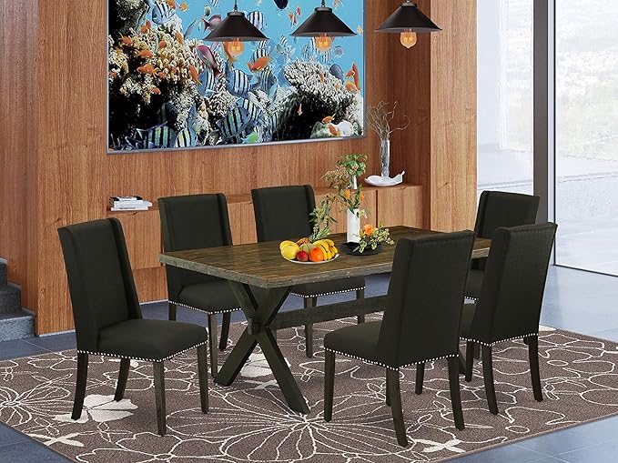 East West Furniture X677FL624-7 7 Piece Modern Dining Table Set Consist of a Rectangle Wooden Table with X-Legs and 6 Black Linen Fabric Parson Dining Chairs, 40x72 Inch, Multi-Color