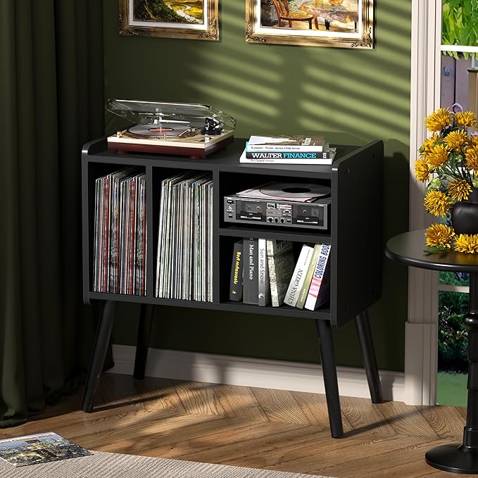 Record Player Table, Mid-Century Record Player Stand with Vinyl Storage Hold Up to 150+ Albums, Vinyl Record Cabinet with Adjustable Shelves, Wood Turntable Stand for Music Living Room (Black)