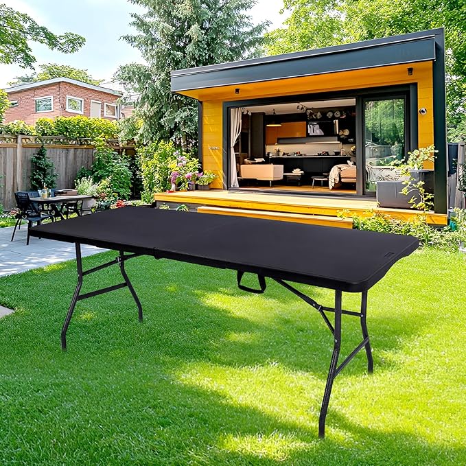 Folding Table 6FT HDPE 6 Foot Foldable Table Portable Banquet Surface Fold-in-Half Desk Utility for Working Meeting Parties, Picnic, Camping, Weddings, Catering, Garden Dining-Black