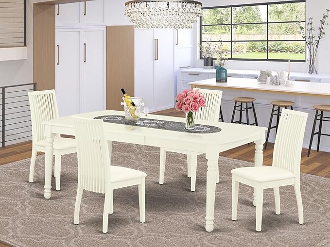East West Furniture DOIP5-LWH-C 5 Piece Dining Room Table Set Includes a Rectangle Kitchen Table with Butterfly Leaf and 4 Linen Fabric Upholstered Dining Chairs, 42x78 Inch, Linen White