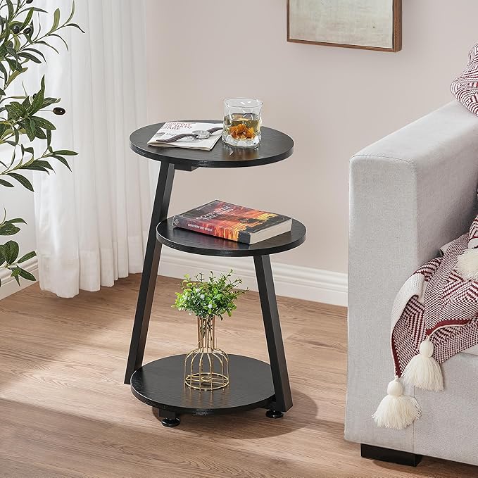 BEWISHOME Round End Table Side Table with Metal Frame, Accent Nightstand Bedside Table with 3-Tier Shelves, Small Couch Table for Living Room Bedroom Black KTZ41B