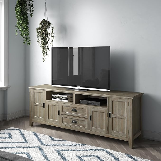SIMPLIHOME Burlington SOLID WOOD 72 inch Wide Transitional TV Media Stand in Distressed Grey For TVs up to 80 inches for the Living Room and Entertainment Center