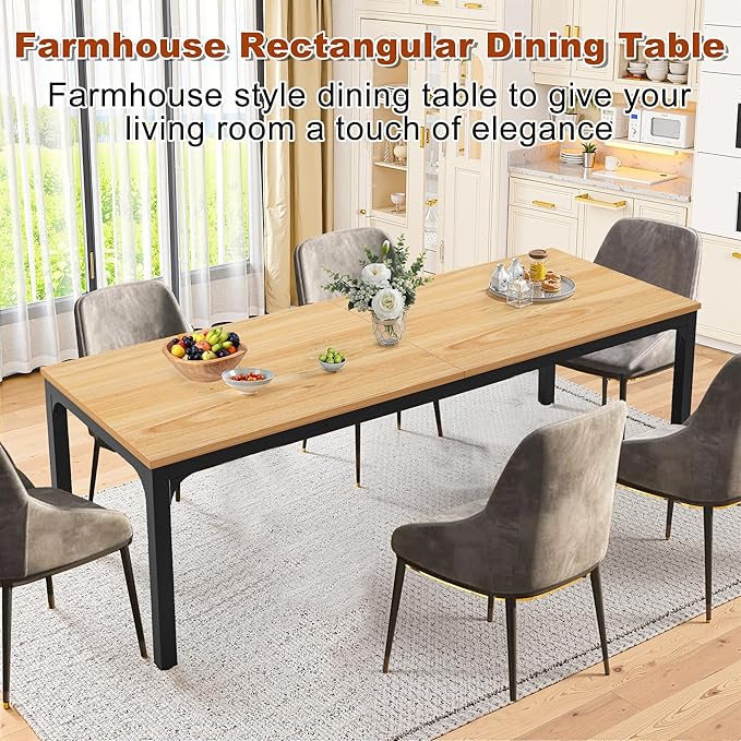 Rectangular Dining Table for 6-8, 78-Inch Modern Dinner Table Wooden Kitchen Tables with Metal Frame for Dining Room, Kitchen, Living Room, Light Walnut