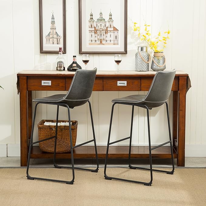 Roundhill Furniture Lotusville Vintage PU Leather Bar Stools, Antique Gray, Set of 2